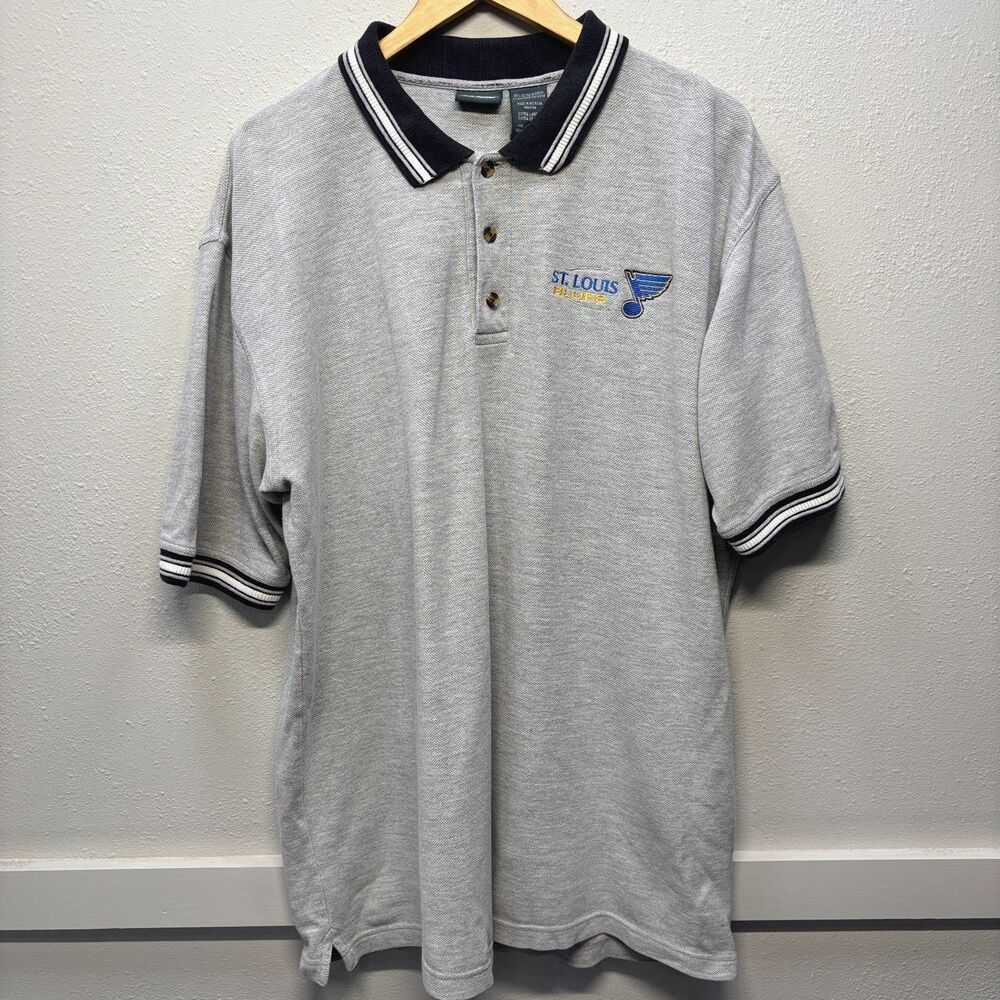VTG NHL St. Louis Blues Pro Edge Gray Short Sleeve Polo Shirt Mens Sz XL